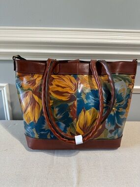 Patricia Nash Brown Trim Floral Tote with Teal and Mustard Blooms